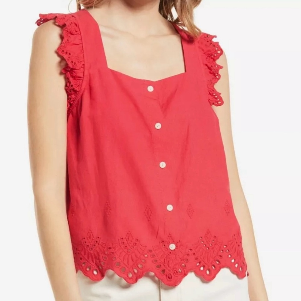 Madewell Eyelet Ruffle Strap Button Up Red Sleeveless Top